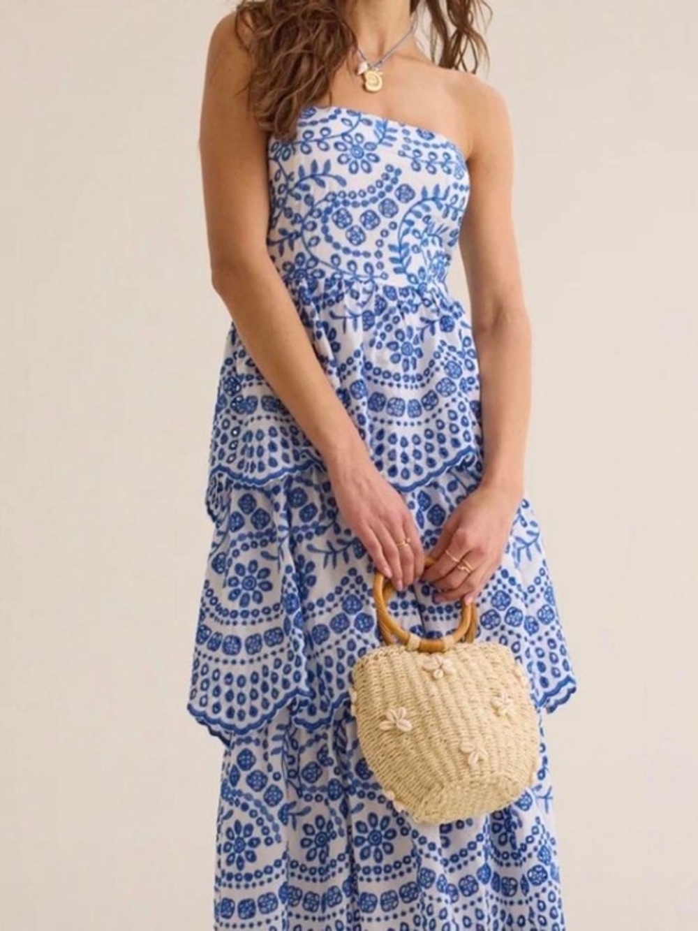 Strapless Blue and White Printed Tiered Maxi Dress